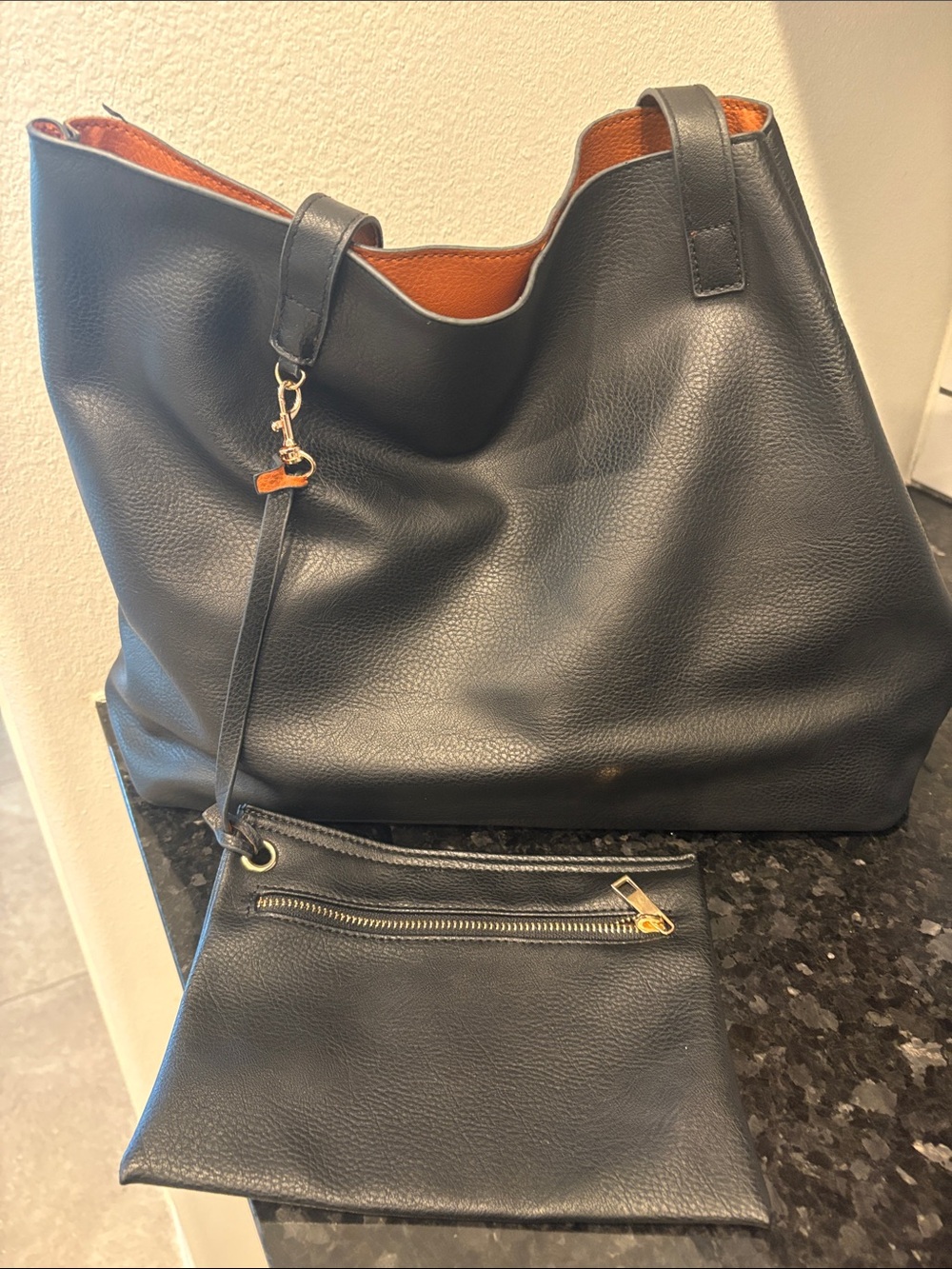 Black and Dark Tan Reversible Leather Tote Bag - Picture 2 of 6